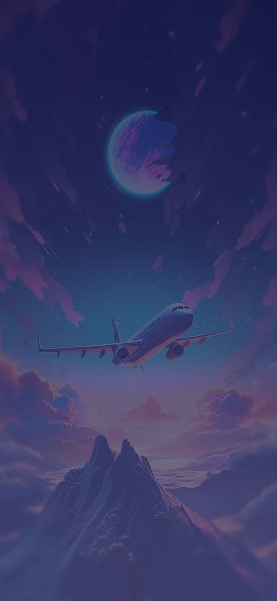  壁紙 — 一架客機在繁星點點的暮色天空下，在鋸齒狀的紫色山脈上方，於發光的外星月亮下方飛行。