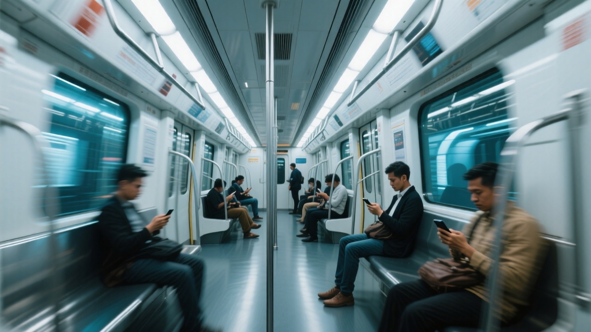 Jakarta MRT Motion 壁紙 — 乘客坐在高速行駛的地鐵車廂中，全神貫注於手機，車窗帶有條紋，頭頂燈光明亮。