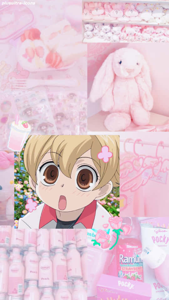  壁紙 — 一個粉彩粉紅色拼貼，包含一個驚訝的動漫男孩、毛絨兔子、零食和文具，呈現甜美可愛的卡哇伊風格。