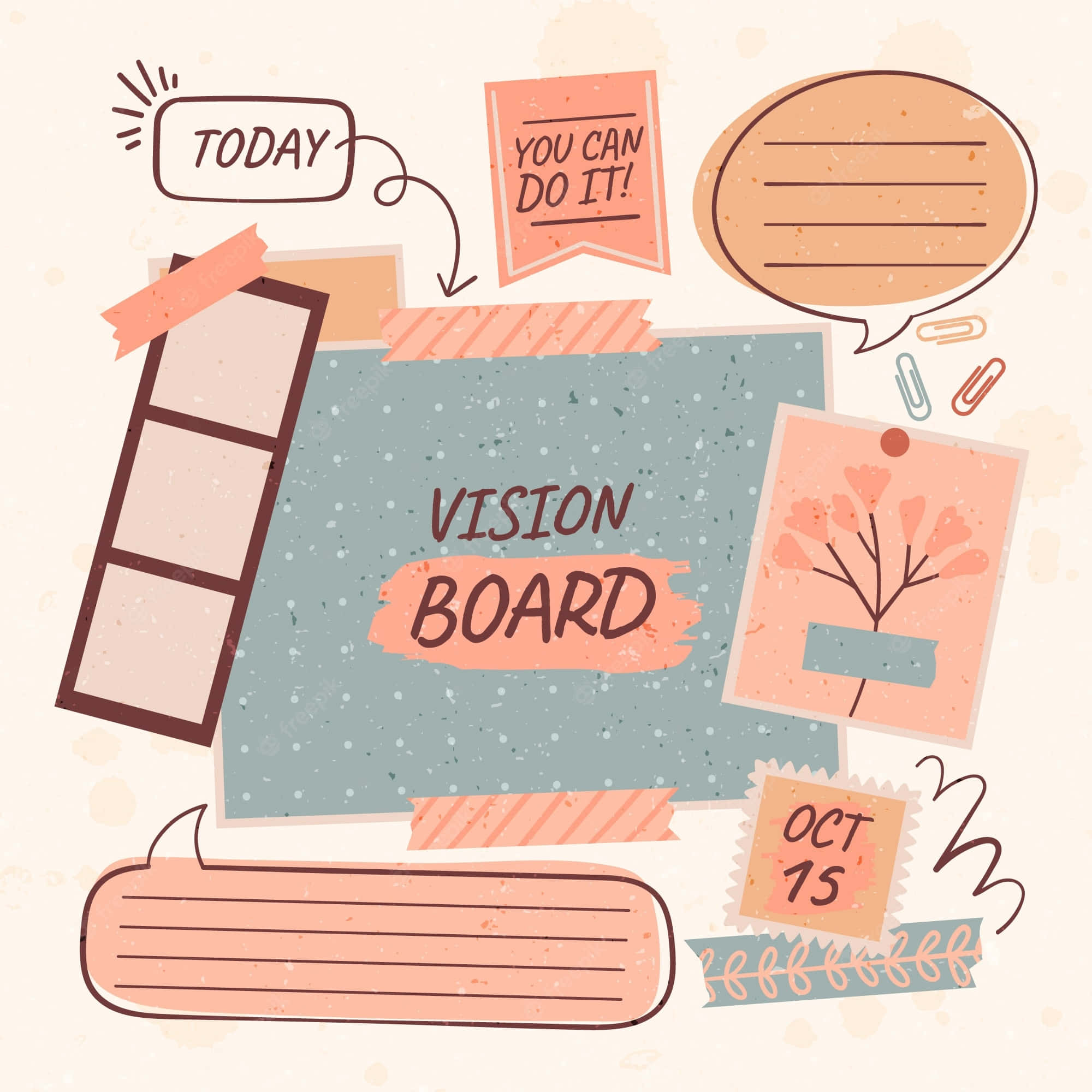 Vision Board 桌布 壁紙 — 柔和色調的願景板拼貼，包含勵志名言和裝飾性對話氣泡。