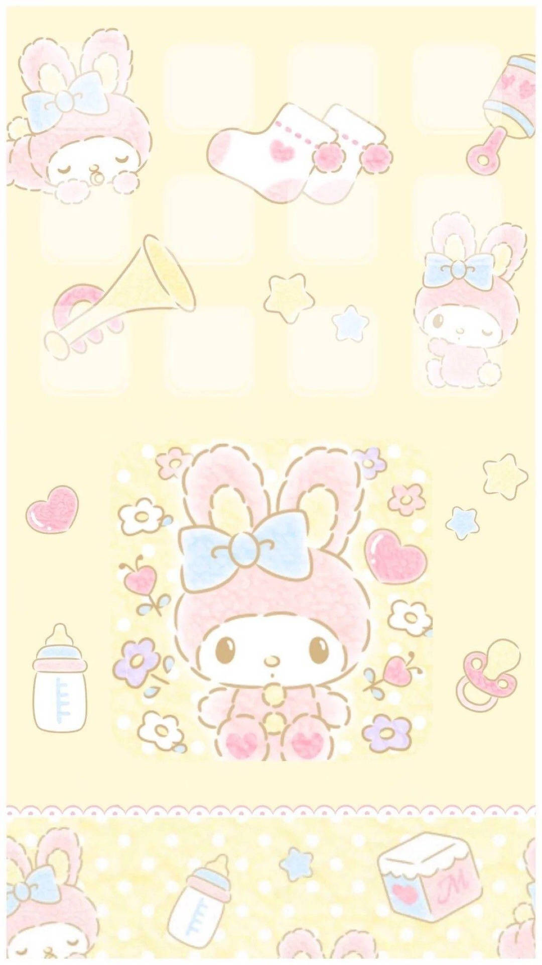 My Melody角色和嬰兒用品在粉黃色背景上。 — 我的旋律 壁紙
