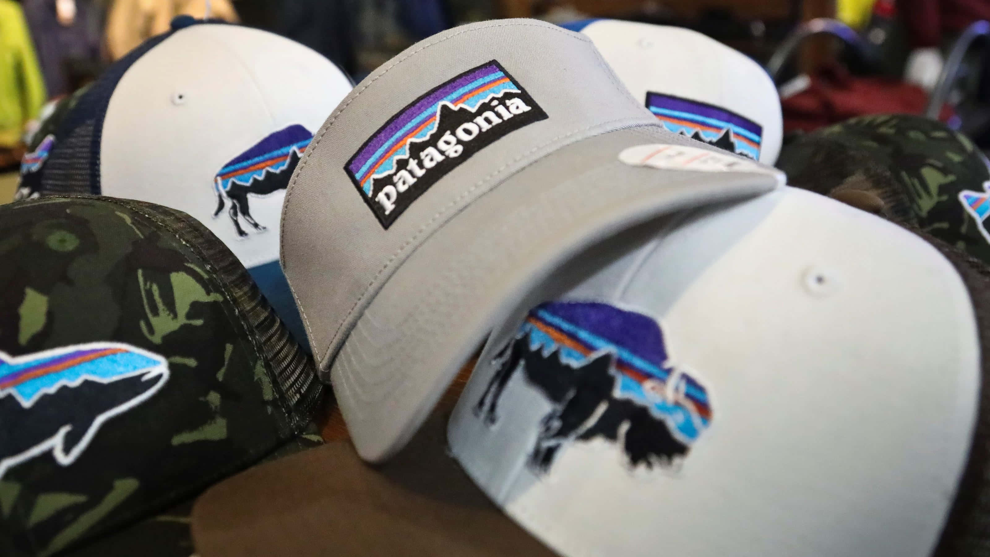 Patagonia 桌布 壁紙 — Patagonia 卡車司機帽的特寫，零售環境中展示色彩繽紛的野牛標誌。