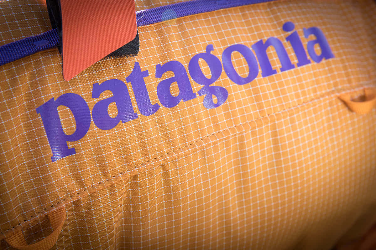 Patagonia 桌布 壁紙 — Patagonia 品牌標誌近距離特寫，縫在橙色格子戶外裝備袋上，可見縫線和布料質感。