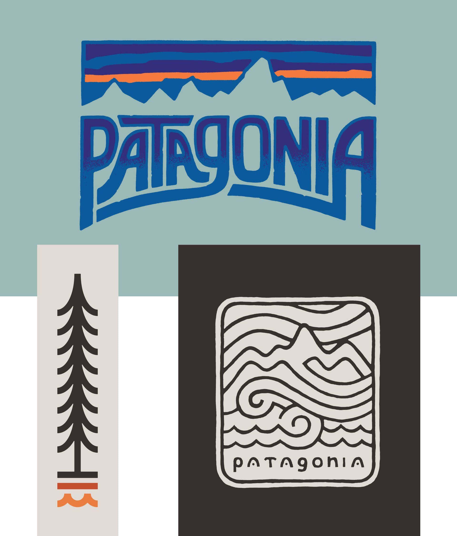 Patagonia 桌布 壁紙 — Patagonia 標誌的圖形拼貼，以風格化的山脈、樹木和波浪呈現，採用大膽的藍色、橙色和黑色，背景柔和。