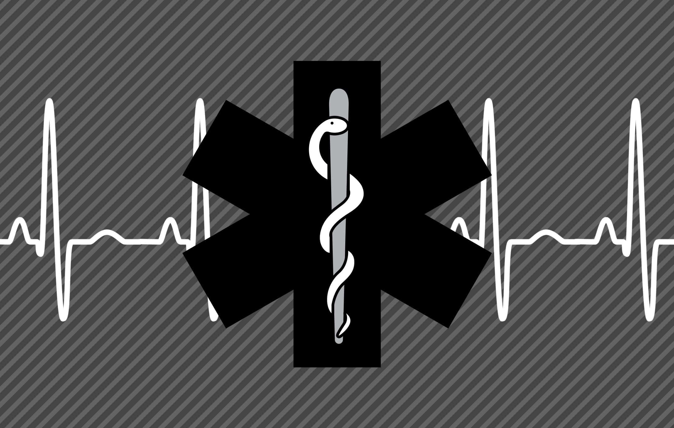 高科技醫療設備引領更優質的 patient 照護 壁紙 — 一個黑色的醫療生命之星，中央有雙蛇杖，置於灰色條紋背景上，帶有白色心跳線。