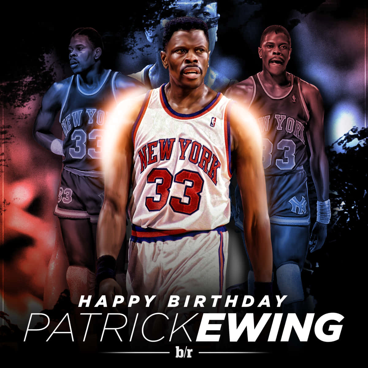 帕特里克·尤因身穿紐約尼克隊球衣，附有生日慶祝文字。 — NBA 壁紙