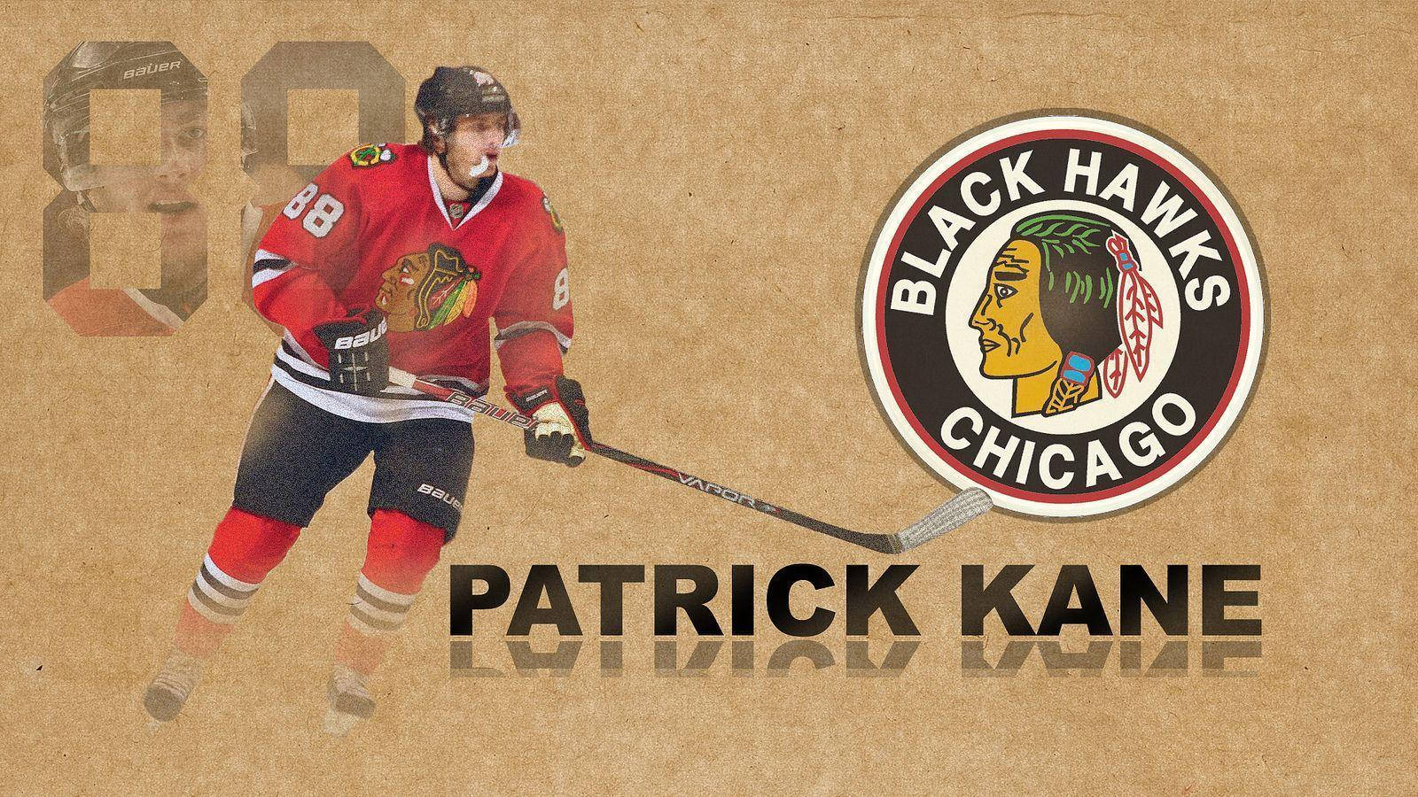 graphic art 桌布 壁紙 — Patrick Kane 身穿芝加哥黑鷹隊球衣，在帶有紋理的棕色背景上動態滑冰，並帶有球隊標誌和88號碼。