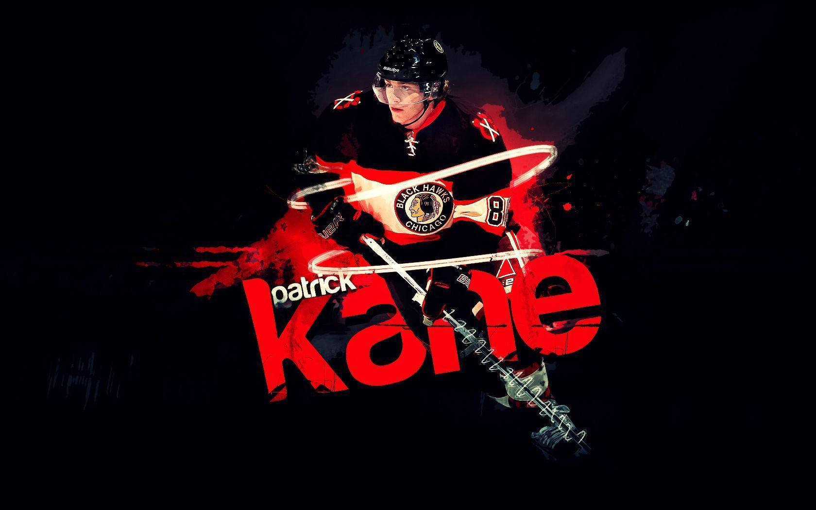 運動 桌布 壁紙 — Patrick Kane 身穿芝加哥黑鷹隊裝備，在深色背景上以紅色能量發光，並帶有風格化文字。