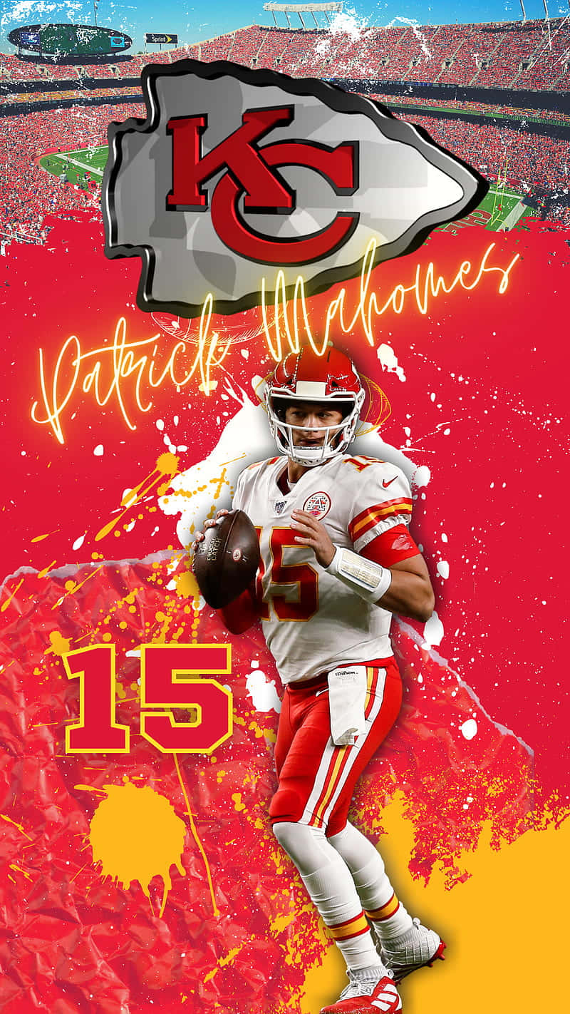 桌布 壁紙 — Patrick Mahomes 身穿酋長隊球衣，在鮮豔的紅黃潑墨背景和遠處的球場中手持橄欖球。