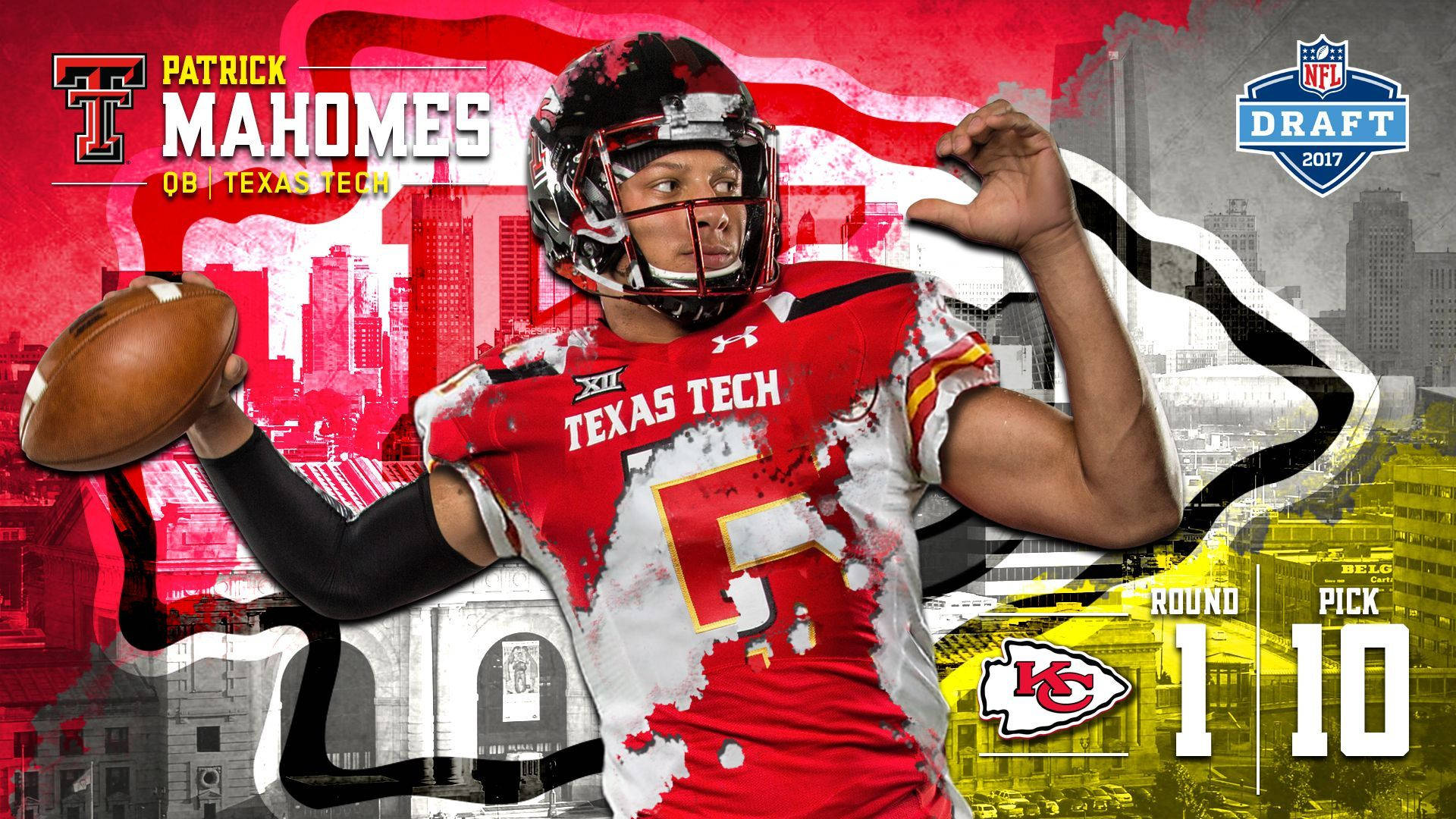 派翠克·馬霍姆斯 桌布 壁紙 — Patrick Mahomes 身穿德州理工大學制服，準備在 NFL 2017 選秀品牌的城市景觀背景下擲出橄欖球。