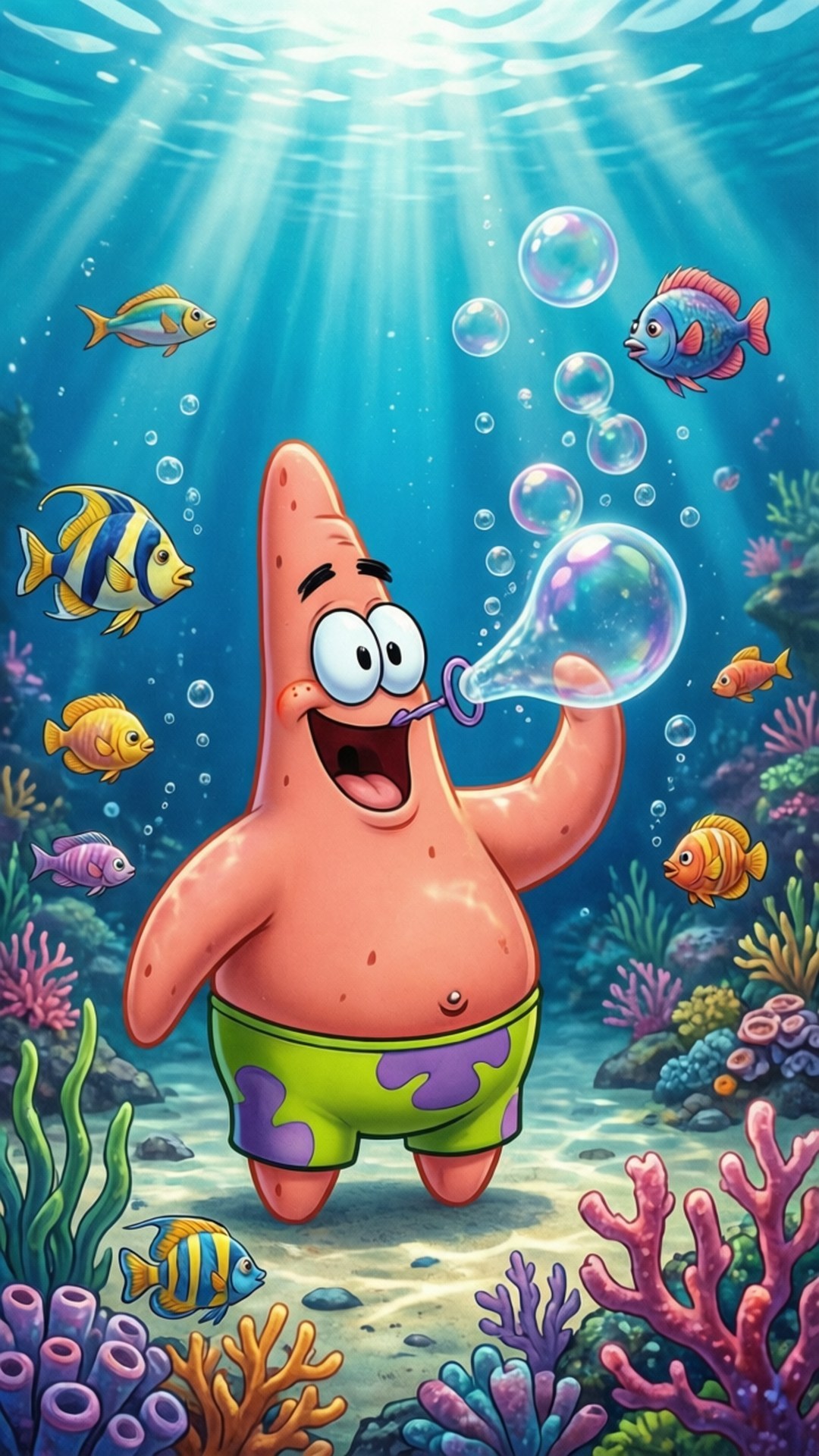 Underwater Bubbles Patrick 壁紙 — 派大星在陽光照耀的海底場景中，快樂地吹出巨大的泡泡，周圍有色彩繽紛的魚和珊瑚。