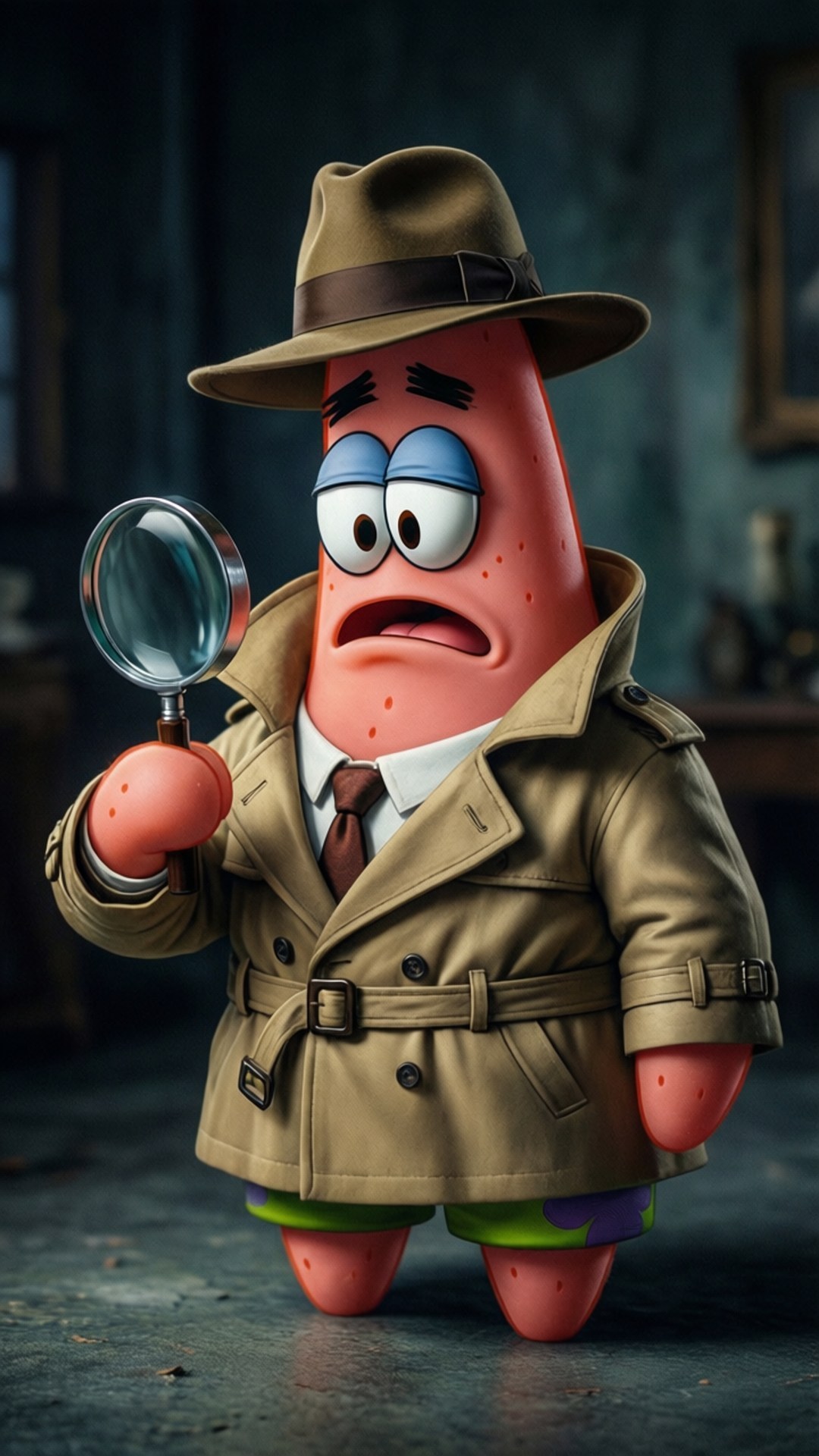 Detective Patrick Star 壁紙 — 派大星穿著米色風衣和軟呢帽，在昏暗的房間裡拿著放大鏡，表情震驚。