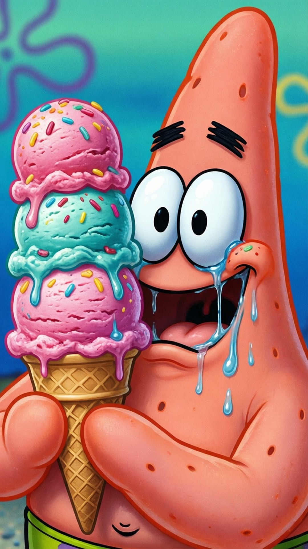 Ice Cream Mess Patrick 壁紙 — Patrick Star 急切地吞噬一個正在融化的三球冰淇淋甜筒，上面有彩虹糖粒和藍色滴落。