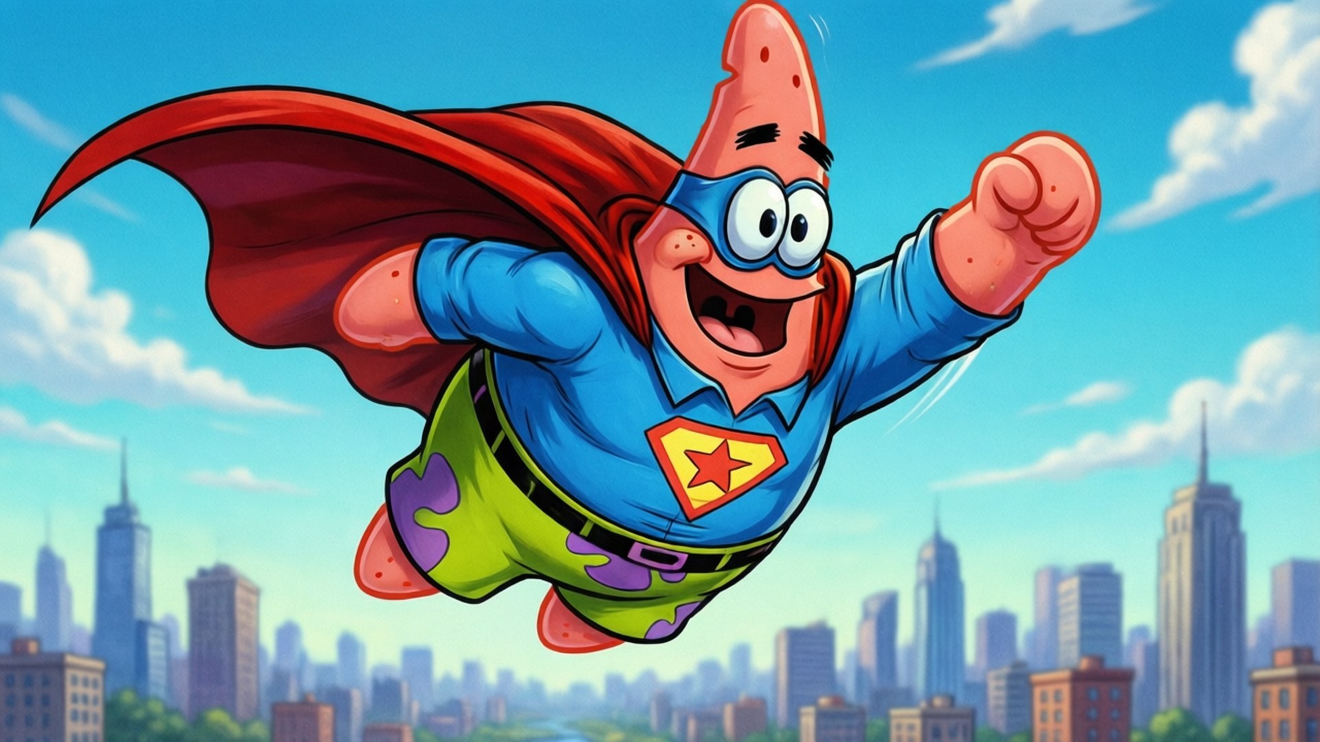 Superhero Patrick Star 壁紙 — 派大星穿著藍色超級英雄服裝，披著紅色斗篷，帶有星星標誌，在城市天際線上快樂地飛翔。