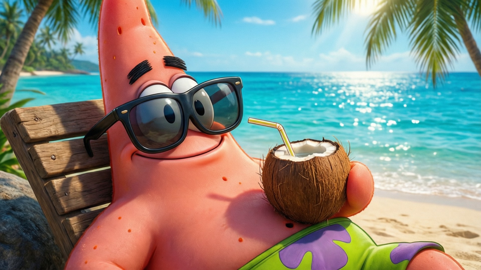 Beach Relaxing Patrick 壁紙 — 派大星躺在沙灘椅上，在棕櫚樹下喝著椰子水，身後是碧藍的海洋。