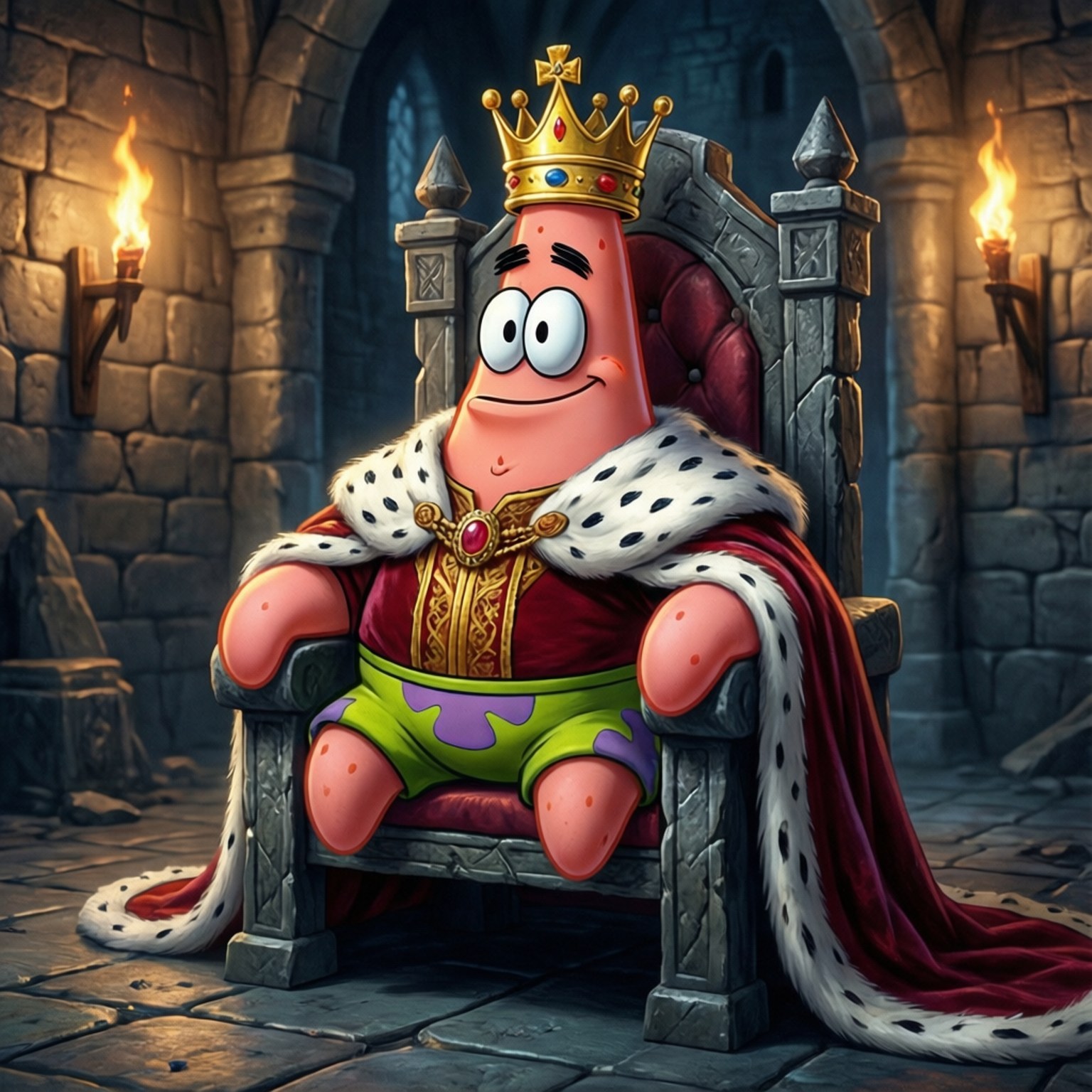 King Patrick Star 壁紙 — 派大星威嚴地坐在城堡的石頭王座上，戴著王冠和皇家長袍，火炬照亮了他身後的石牆。