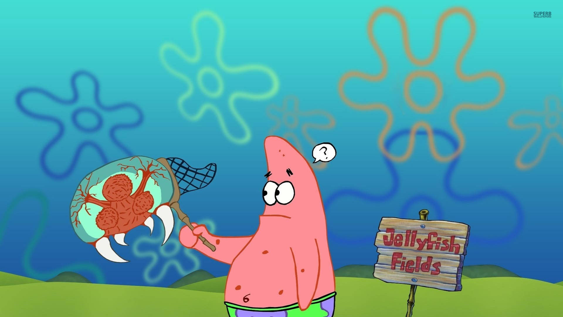 海绵宝宝 桌布 壁紙 — Patrick Star 在一個寫著 Jellyfish Fields 的標誌附近的卡通水下場景中，拿著一個裝滿水母的網。