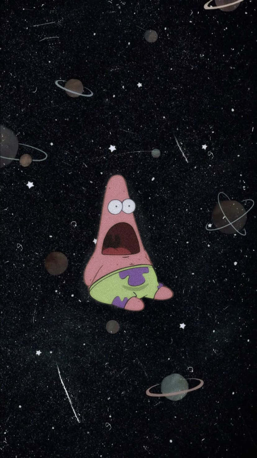 Patrick 桌布 壁紙 — Patrick Star 在太空中漂浮，表情震驚，周圍是行星和星星。