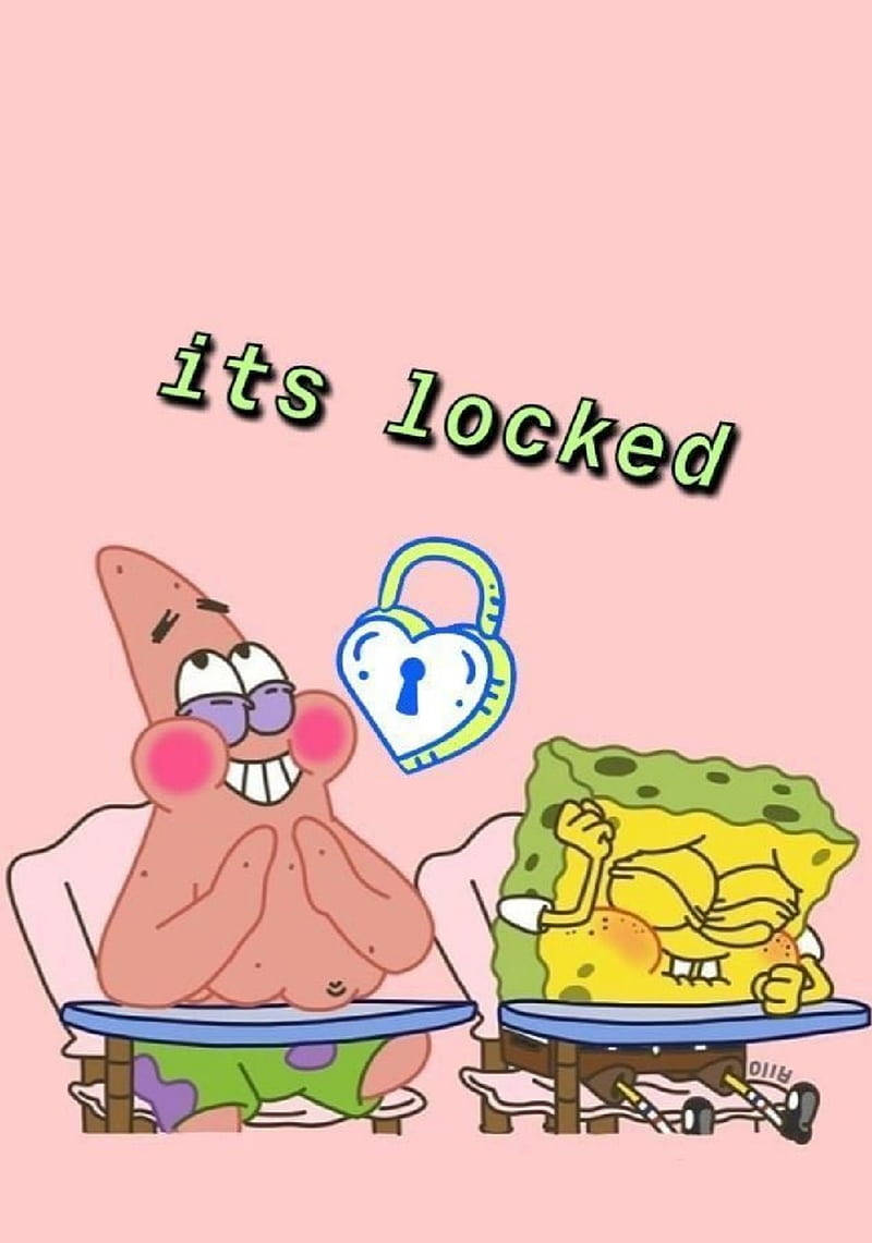 海绵宝宝 桌布 壁紙 — Patrick 和 SpongeBob 坐在桌子旁，中間有一個心形掛鎖，文字顯示「已鎖定」。
