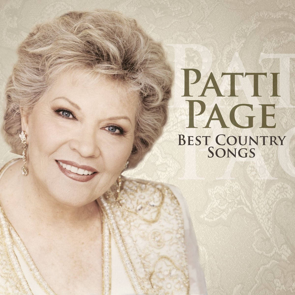 專輯封面 桌布 壁紙 — Patti Page 在帶有紋理的奶油色背景上，身穿金色裝飾的長裙，帶著她的專輯標題溫暖地微笑。