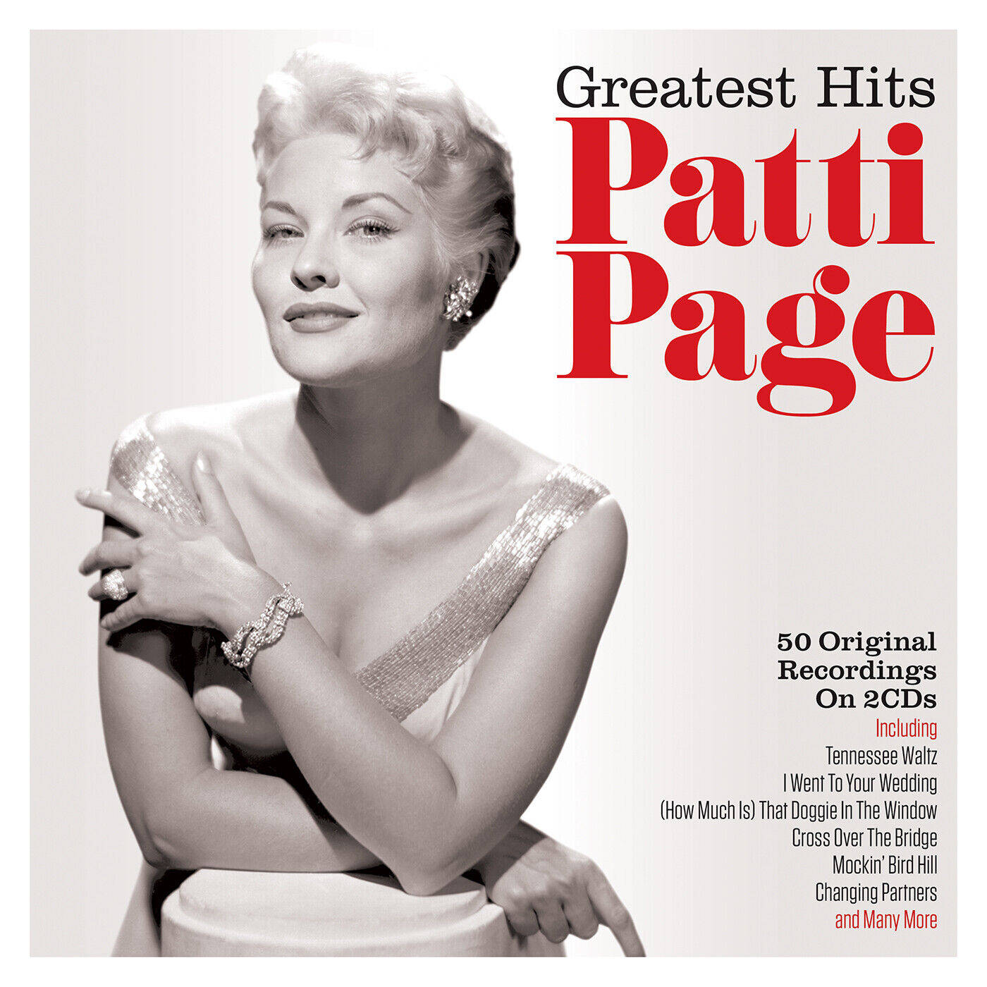 Album Cover 桌布 壁紙 — Patti Page 的復古肖像，穿著華麗的銀色連衣裙，搭配大膽的紅色字體，用於她的《Greatest Hits》專輯封面。