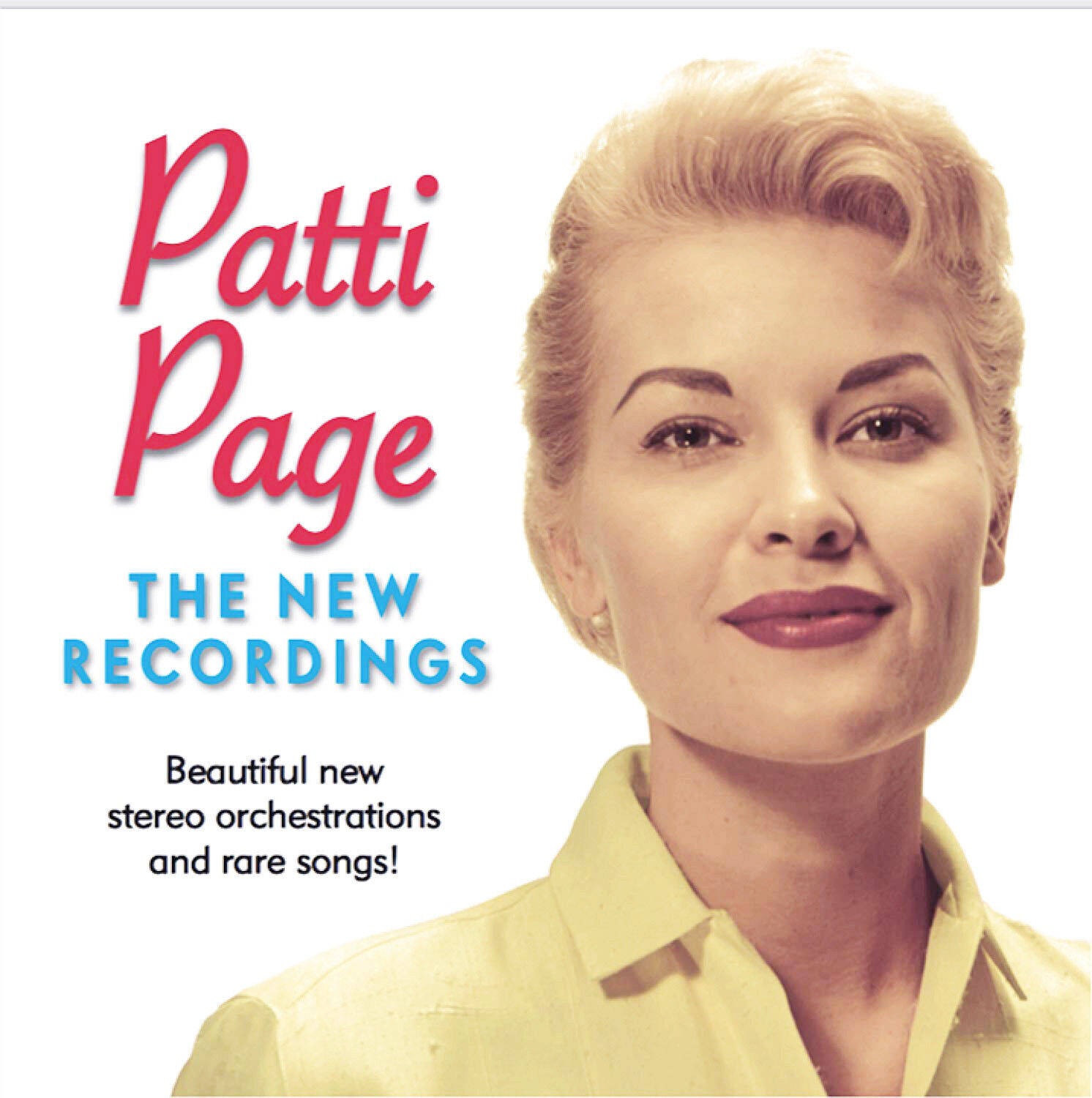 Album Cover 桌布 壁紙 — Patti Page 的復古肖像，身穿黃色襯衫，在乾淨的白色背景上微笑，帶有粗體的紅色和藍色文字。