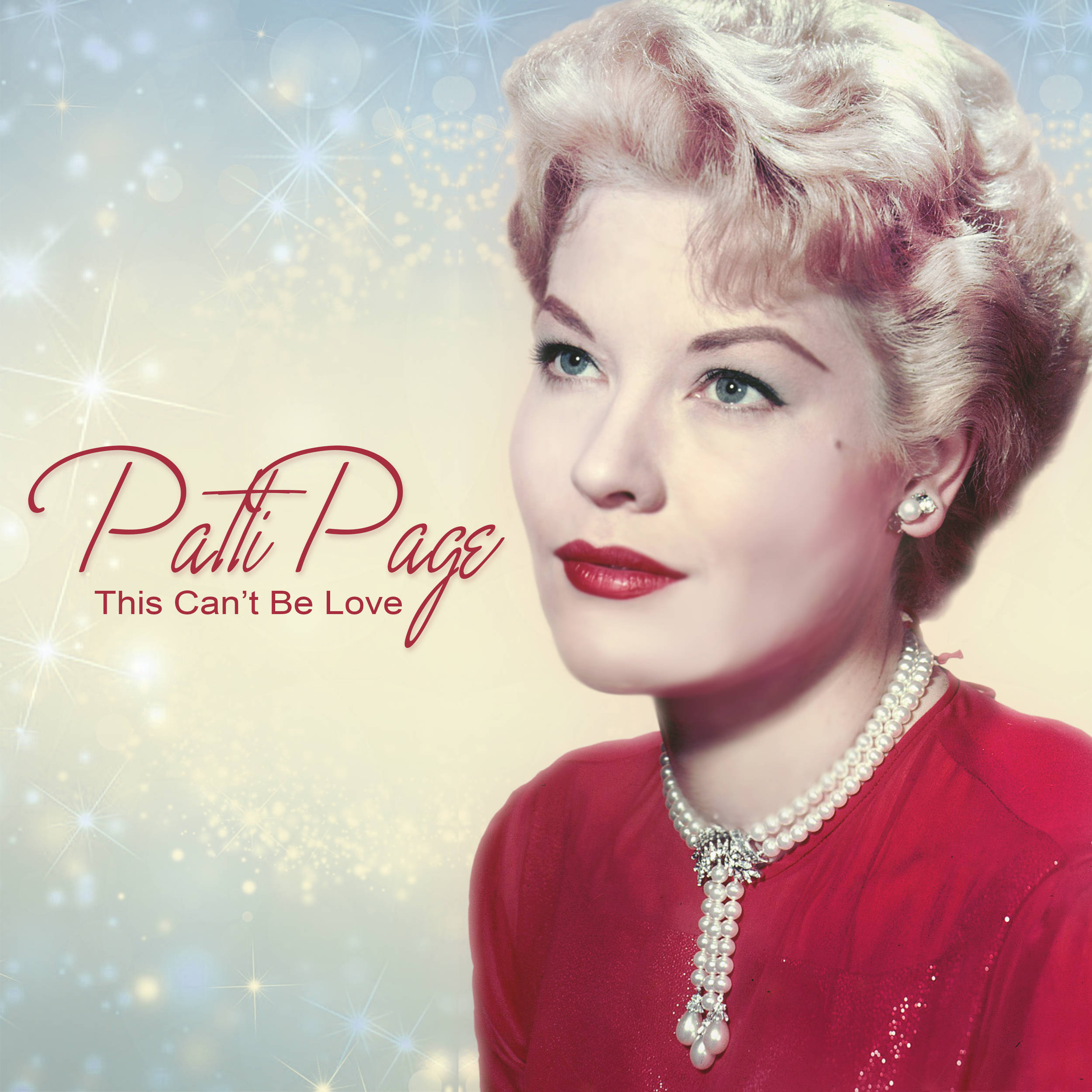Album Cover 桌布 壁紙 — Patti Page 身穿紅色連衣裙和珍珠項鍊，在閃爍的星空背景下展現迷人的復古肖像。