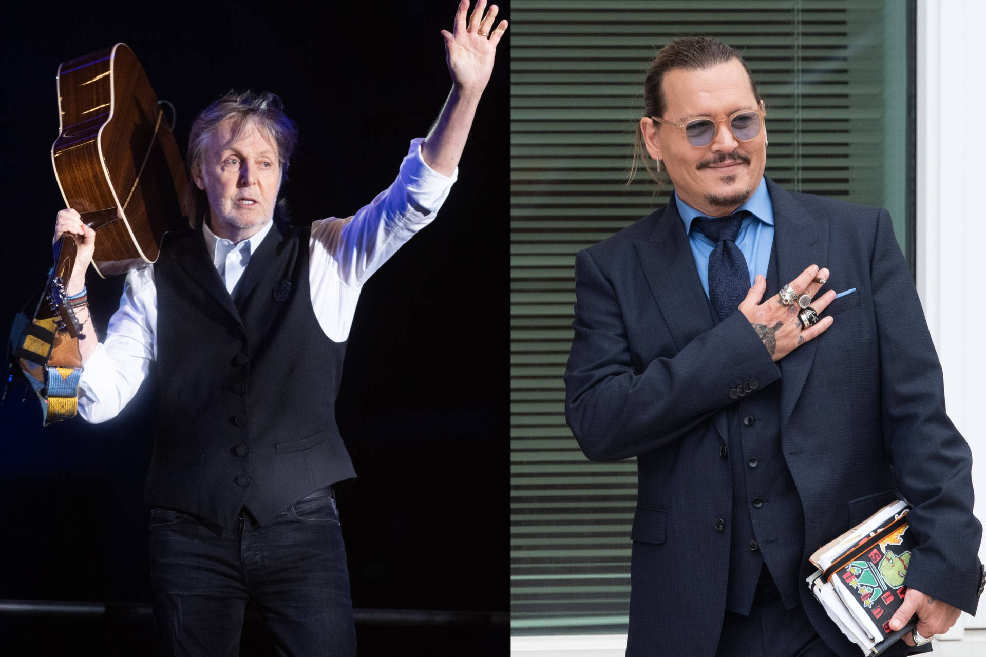 Paul McCartney手持吉他揮手，旁邊是身穿西裝手持書本的Johnny Depp。 — 吉他動圖 壁紙