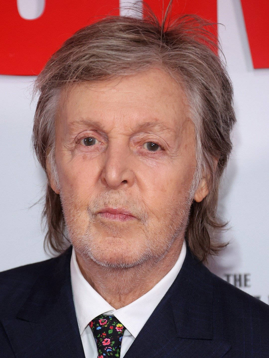 人像動態 桌布 壁紙 — Paul McCartney 的特寫肖像，灰白頭髮，身穿深色西裝和花卉圖案領帶，背景是紅色和白色。