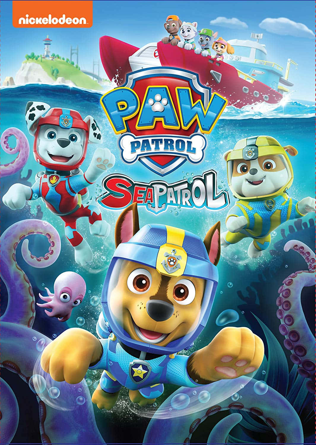 汪汪隊立大功 桌布 壁紙 — Paw Patrol Sea Patrol 小狗穿著潛水裝備在海中游泳，周圍有章魚和上方的救援船。