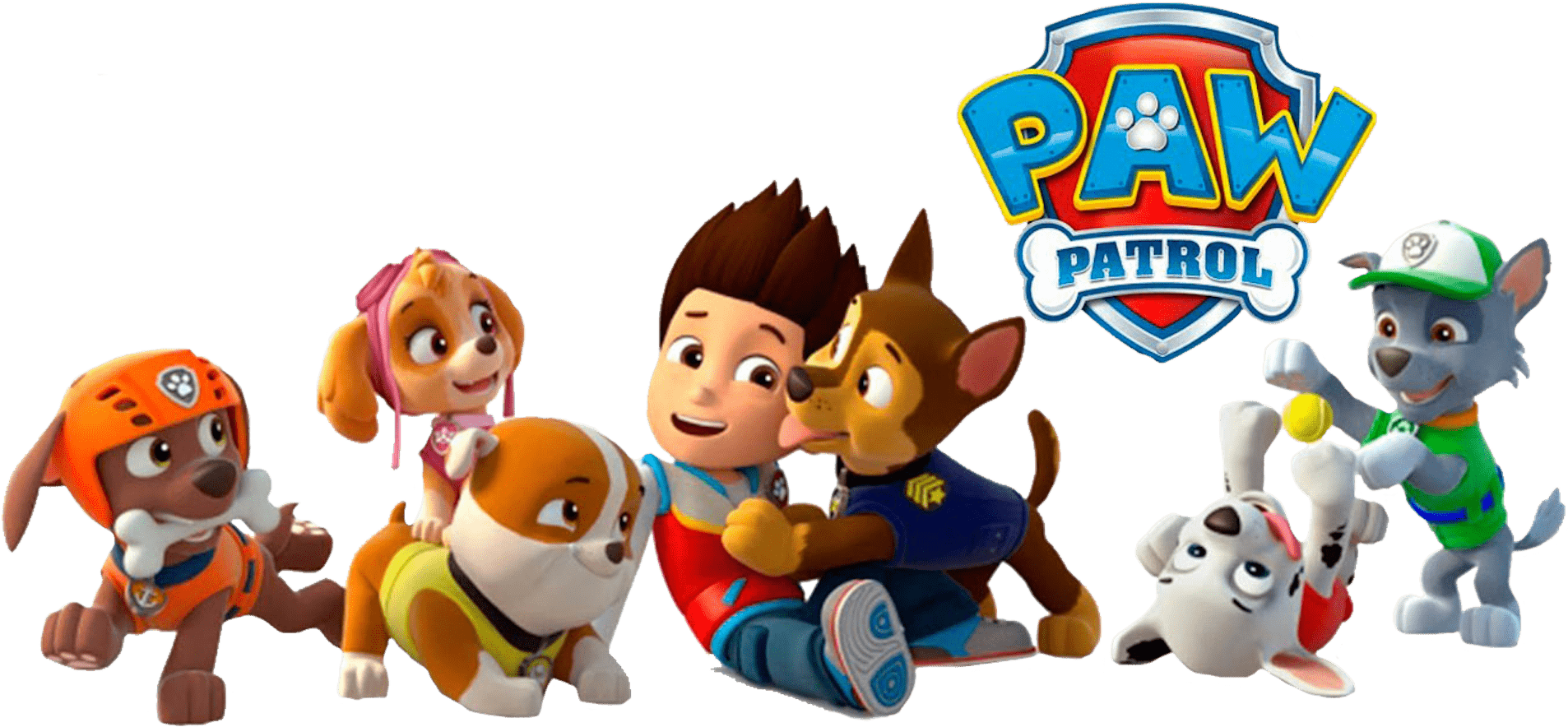 汪汪隊立大功 桌布 壁紙 — Paw Patrol 動畫救援小狗團隊和萊德在黑色背景前開心地擺姿勢，並帶有節目標誌。