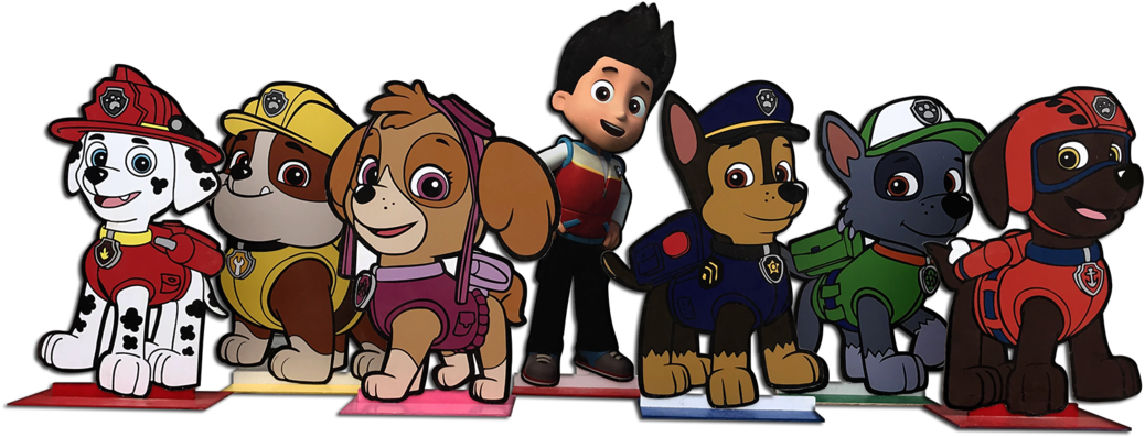 Paw Patrol Chase 桌布 壁紙 — Paw Patrol 動畫救援小狗團隊和萊德在黑色背景上排列在色彩繽紛的平台上。