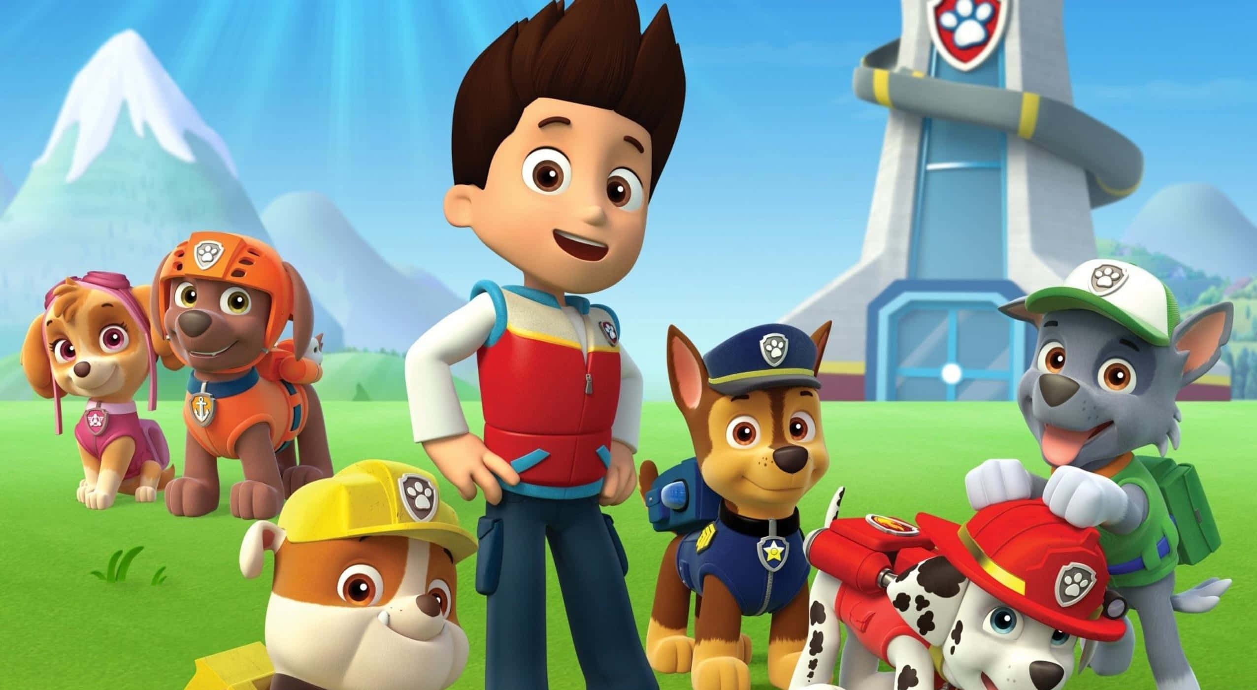Paw Patrol 團隊在他們總部前合影，背後有山脈。 — 汪汪隊立大功 GIF 壁紙