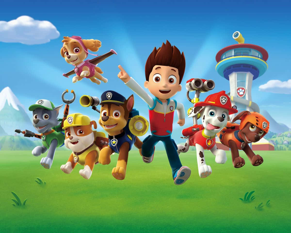 Paw Patrol 角色在陽光明媚的戶外場景中奔跑和飛翔。 — 汪汪隊立大功 GIF 壁紙