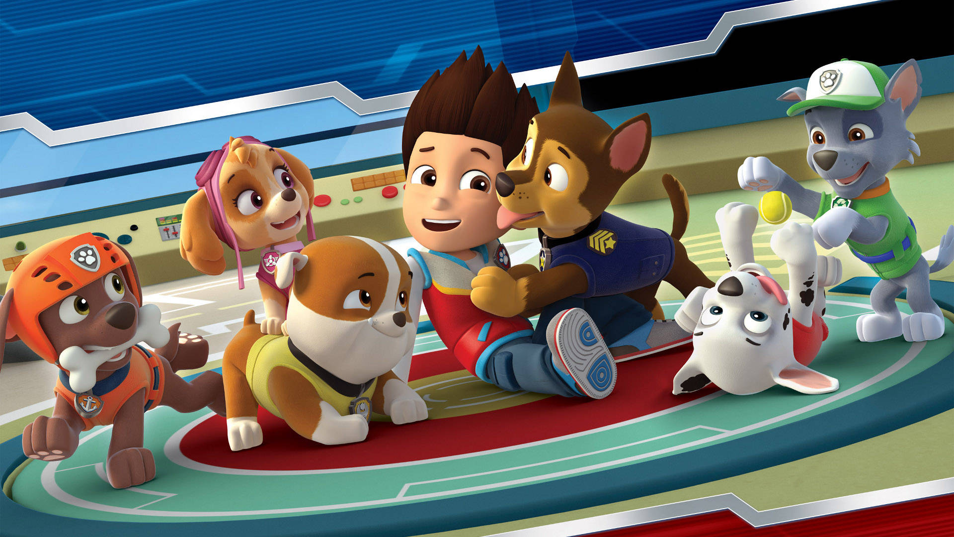 汪汪隊立大功 桌布 壁紙 — Paw Patrol 團隊聚集在高科技指揮中心，表情興奮，身穿色彩繽紛的制服。