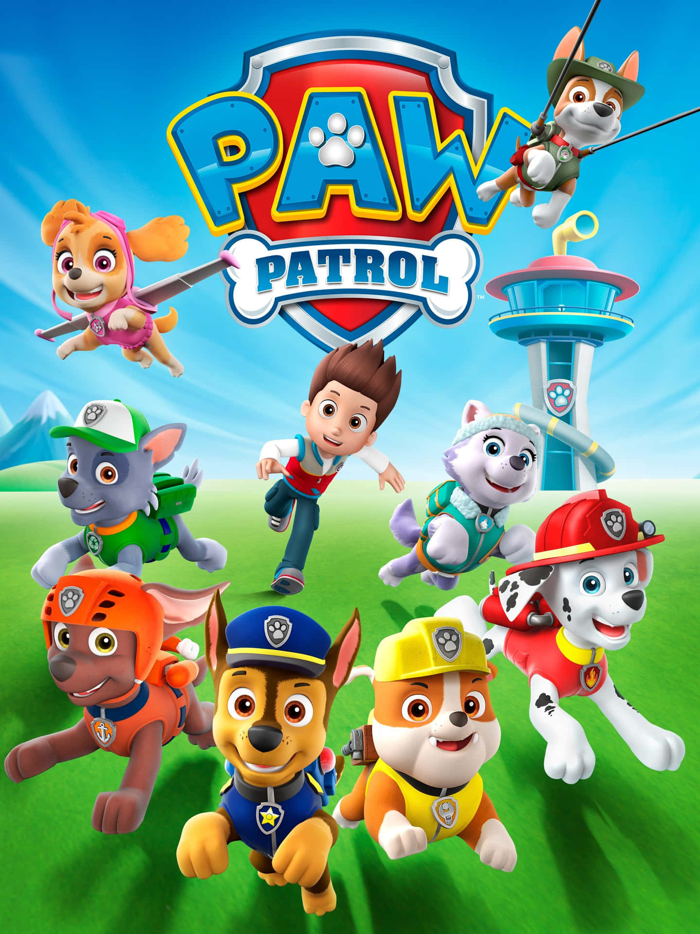 Paw Patrol 角色在草地上擺出動作姿勢，背景有他們的塔樓。 — 汪汪隊立大功 GIF 壁紙