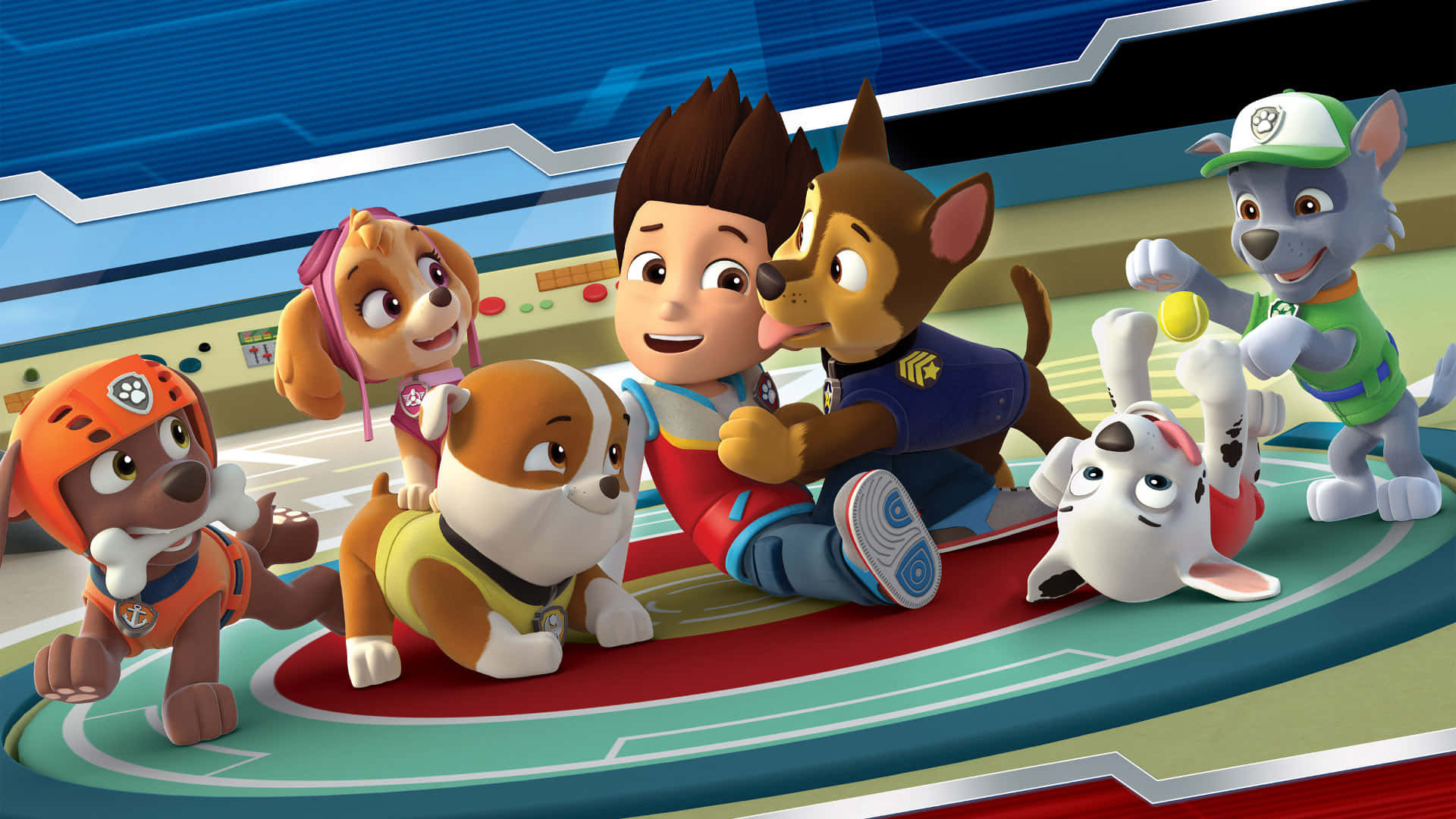 汪汪隊立大功 桌布 壁紙 — Paw Patrol 小狗和萊德在一個充滿活力藍色和紅色點綴的高科技指揮中心裡嬉戲聚集。