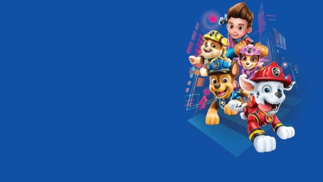 狗 桌布 壁紙 — Paw Patrol 小狗和萊德在充滿活力的藍色數位城市背景下動態跳躍。