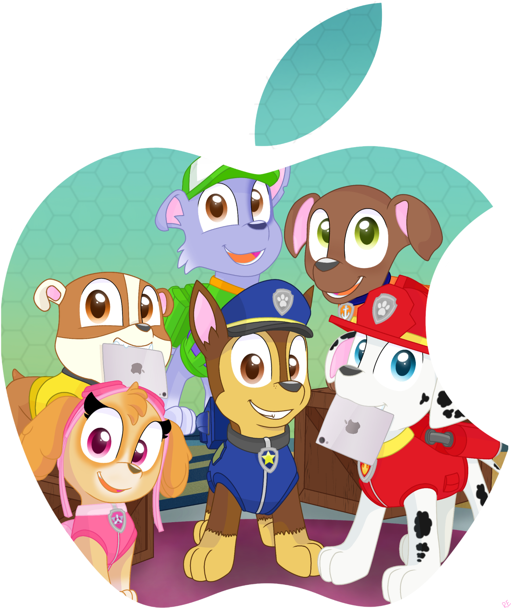 汪汪隊立大功 桌布 壁紙 — Paw Patrol 小狗在咬了一口的蘋果剪影內微笑，手持 Apple 設備，背景為六邊形青綠色。