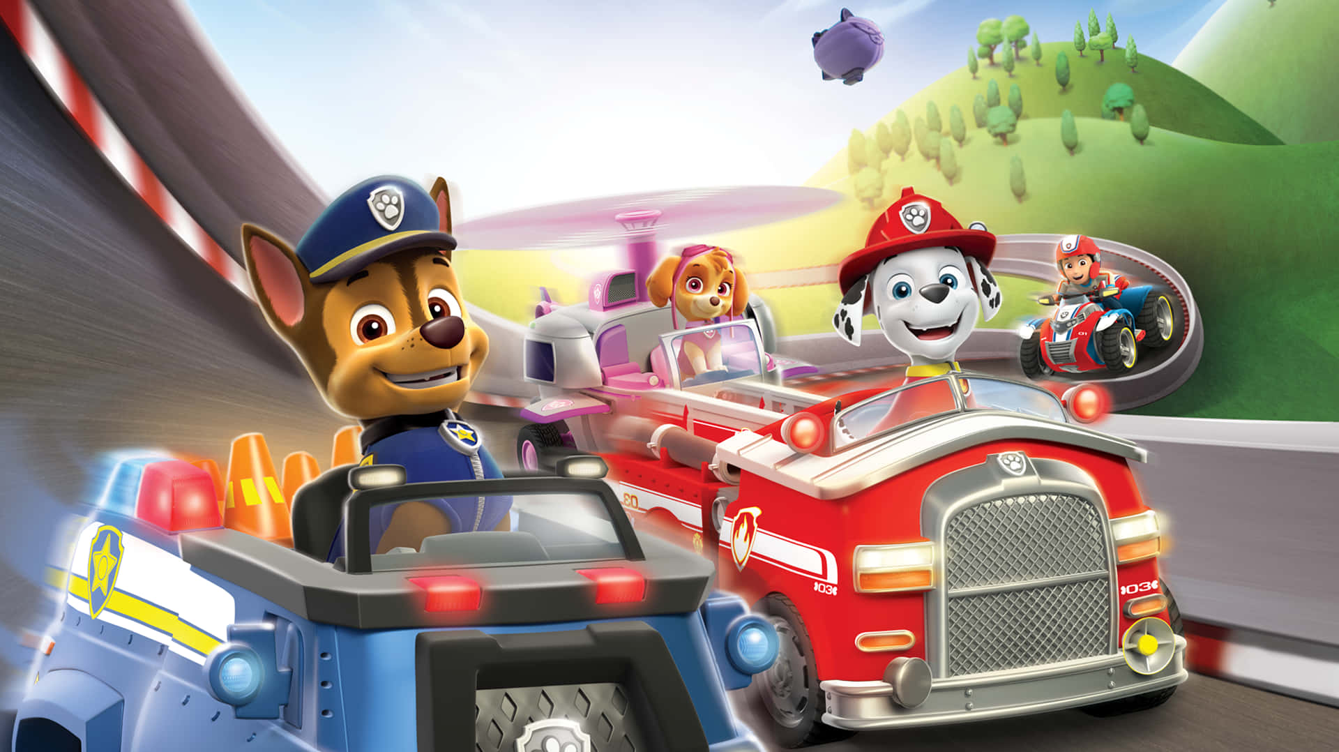 汪汪隊立大功 桌布 壁紙 — Paw Patrol 小狗在色彩繽紛的車輛上，沿著蜿蜒的賽道穿過明亮的綠色山坡景觀。