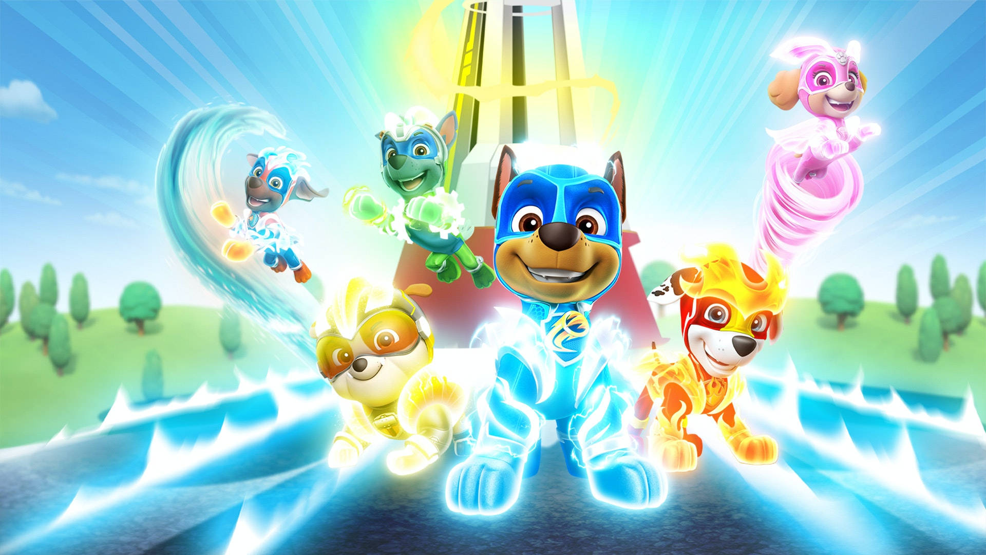 狗 桌布 壁紙 — Paw Patrol 小狗穿上超級英雄裝備，在明亮的天空中飛翔，帶著發光的能量軌跡，飛越綠色景觀。