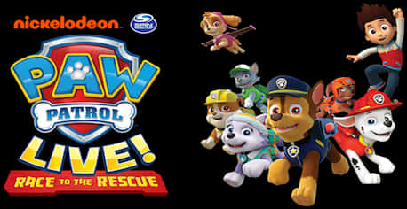 Paw Patrol 角色以動作姿勢呈現，附有標誌和文字。