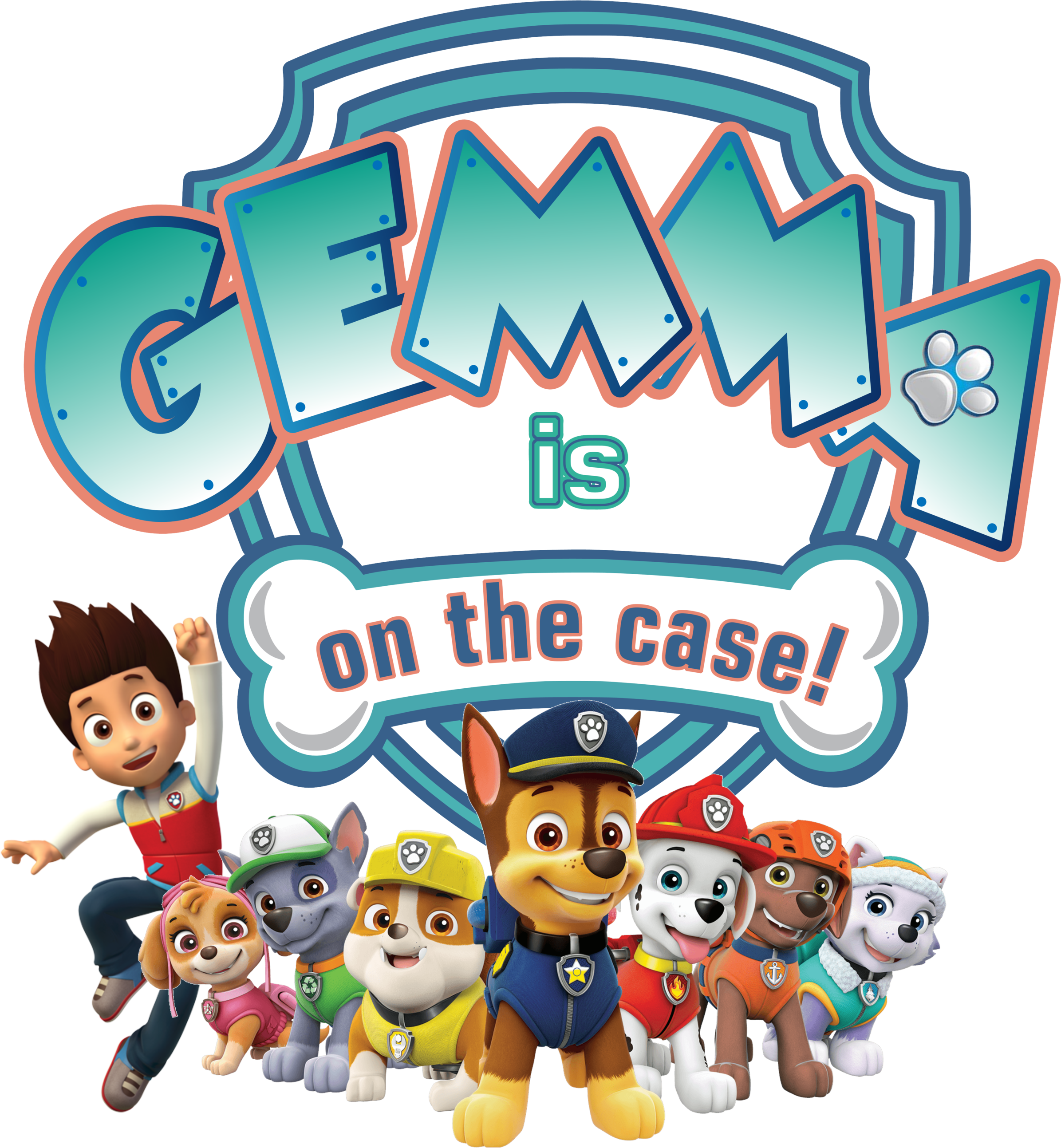 汪汪隊立大功 桌布 壁紙 — Paw Patrol 角色們在醒目的「Gemma 正在調查案件！」標誌下以充滿活力的卡通風格歡樂聚集。