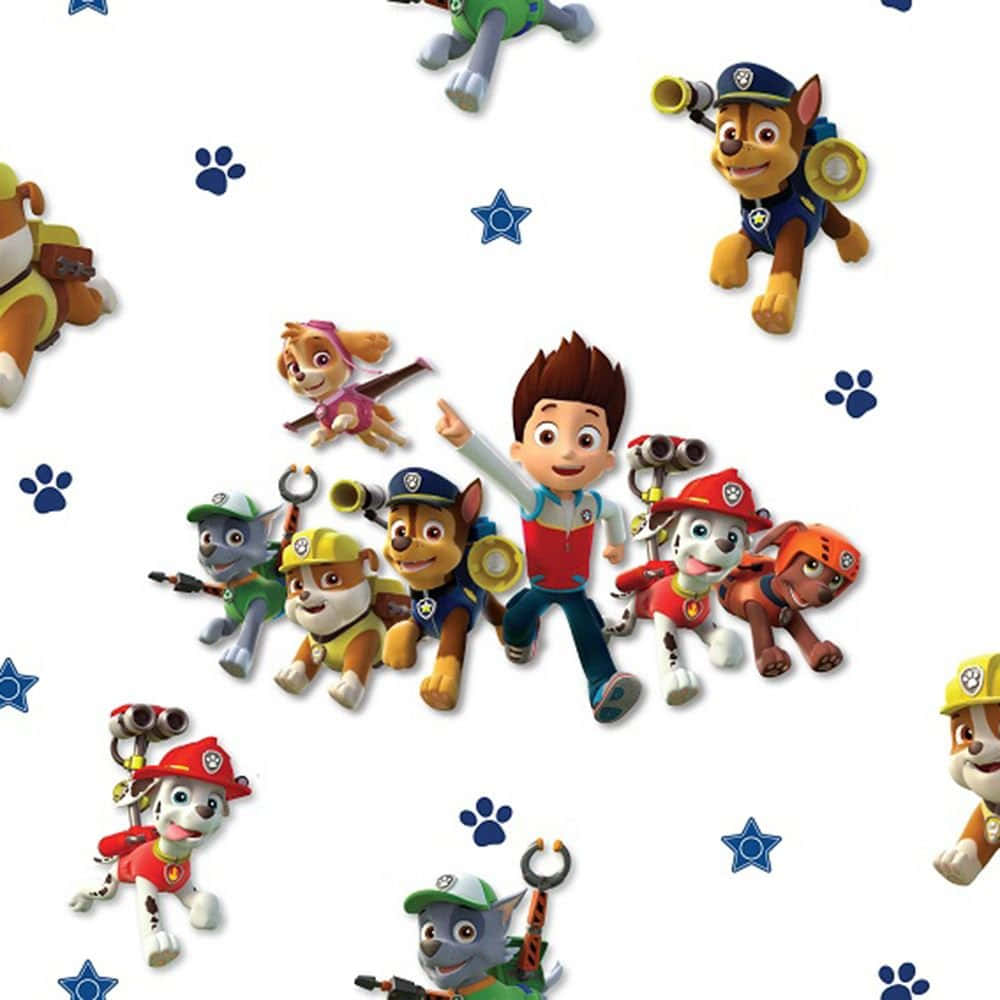 Paw Patrol 角色和Ryder在白色背景上漂浮，帶有藍色腳印和星星。 — 汪汪隊立大功 GIF 壁紙