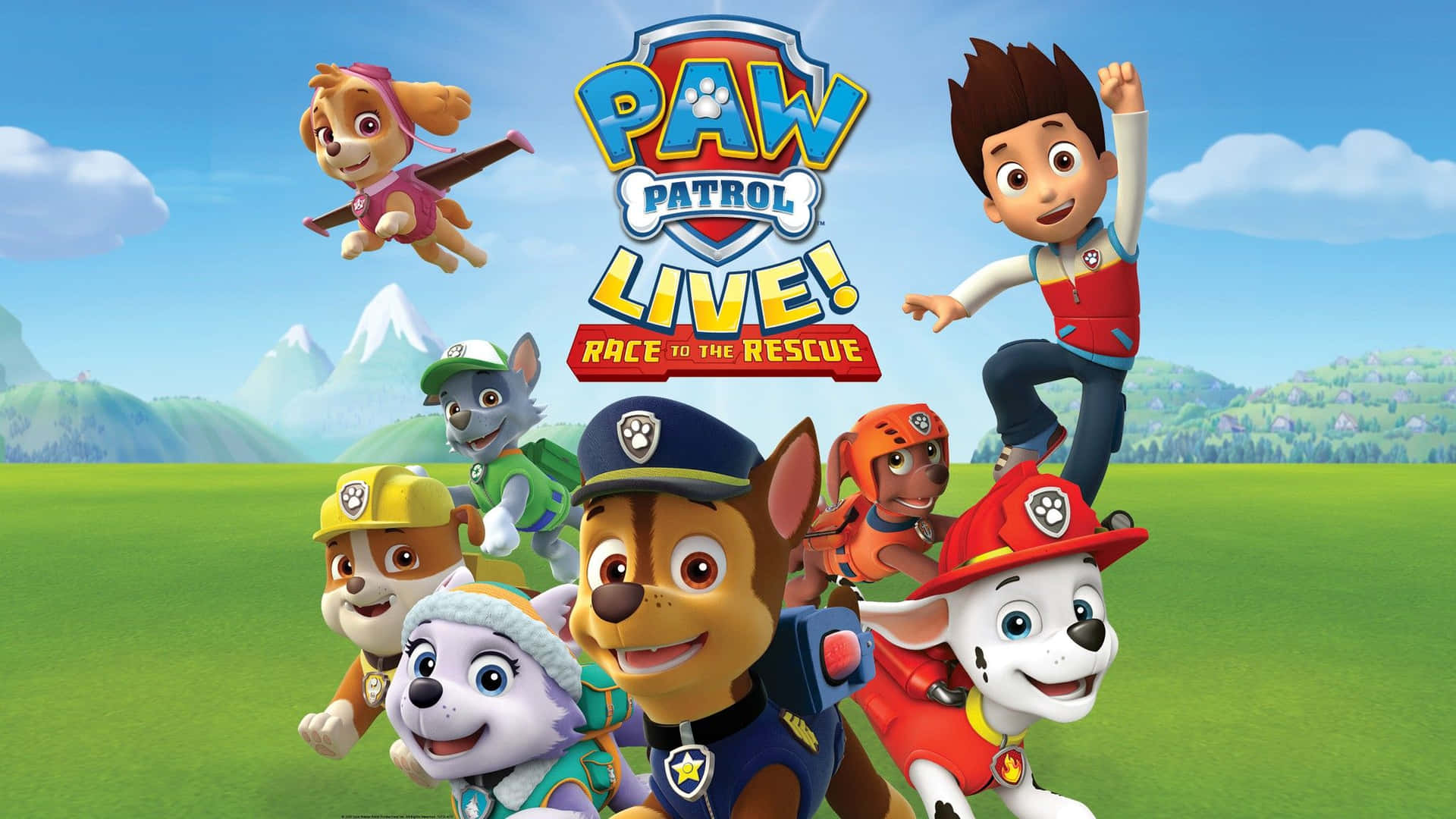 Paw Patrol 團隊在山脈背景下戶外擺姿勢。 — 汪汪隊立大功 GIF 壁紙