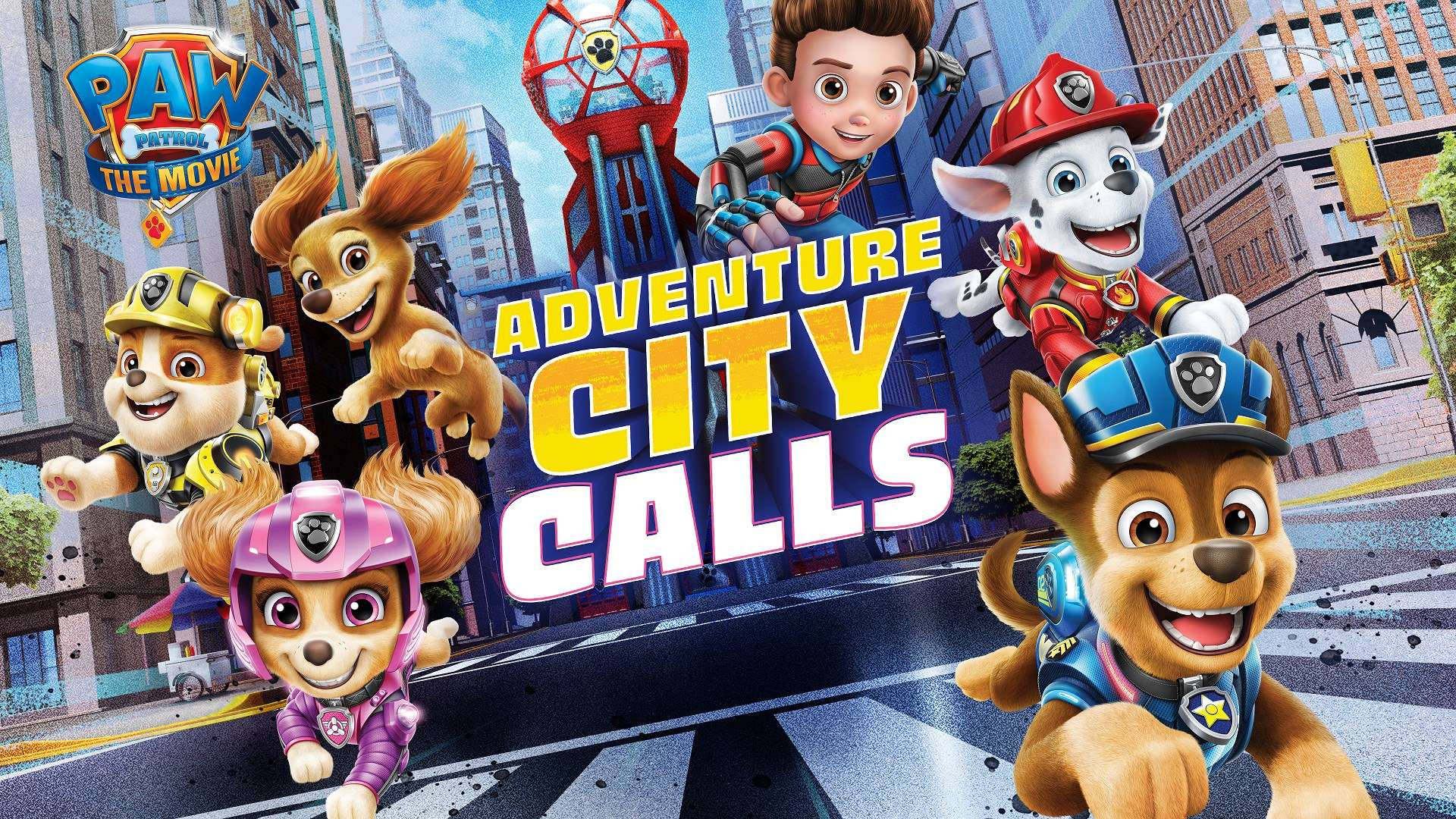 電影 桌布 壁紙 — Paw Patrol 角色跳過充滿活力的城市景觀，以鮮豔色彩和動感姿勢宣傳 Adventure City Calls。