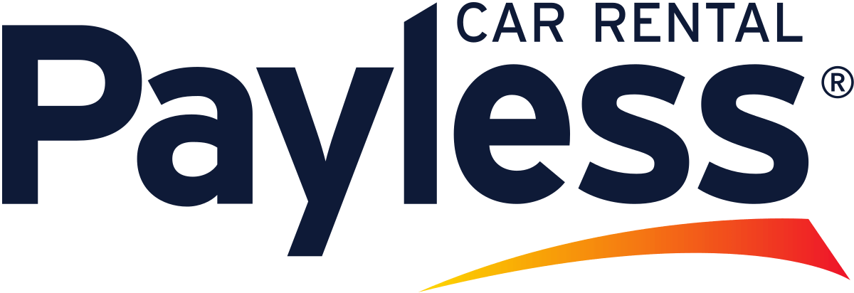 Company Logo 桌布 壁紙 — Payless Car Rental 標誌以綠色背景上的粗體深藍色文字和色彩繽紛的橙色和紅色旋風為特色。
