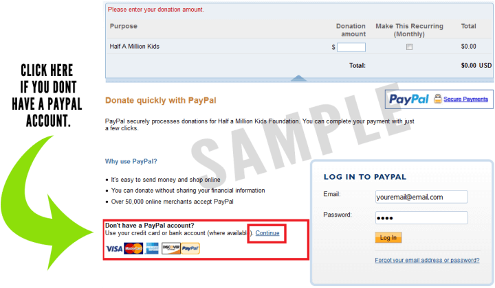 PayPal 桌布 壁紙 — Half A Million Kids 的 PayPal 捐款網頁，突出顯示登入欄位和信用卡付款選項。