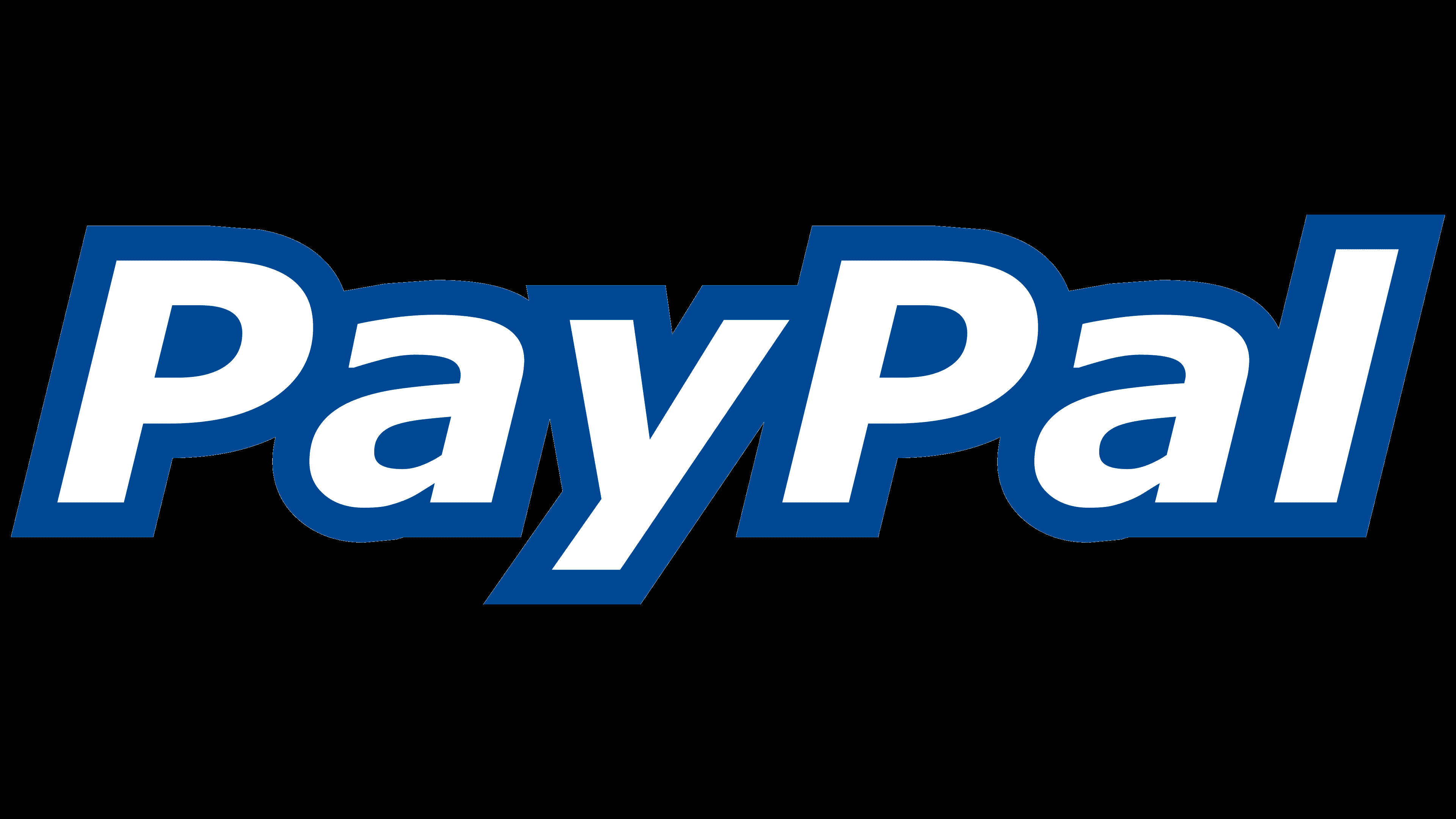 PayPal 桌布 壁紙 — PayPal 標誌以粗體白色字母和藍色輪廓在純黑色背景上突出顯示。