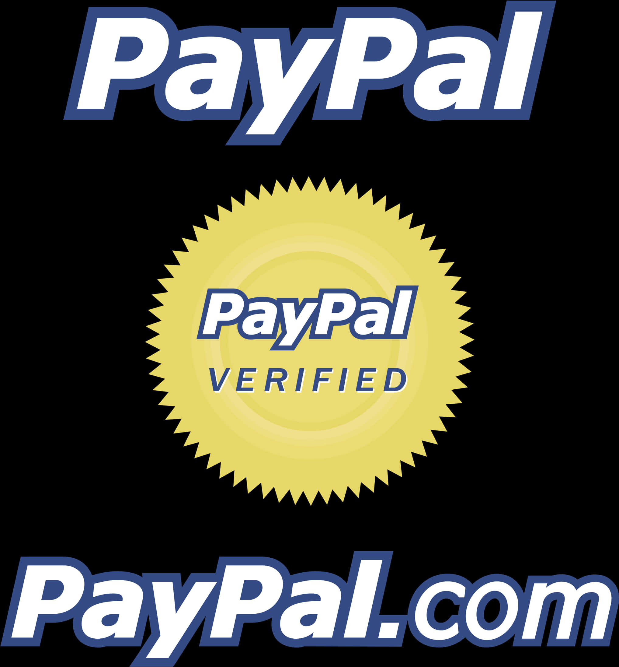 Paypal Logo 桌布 壁紙 — PayPal 標誌和驗證印章顯示在黑色背景上，帶有白色和黃色文字。